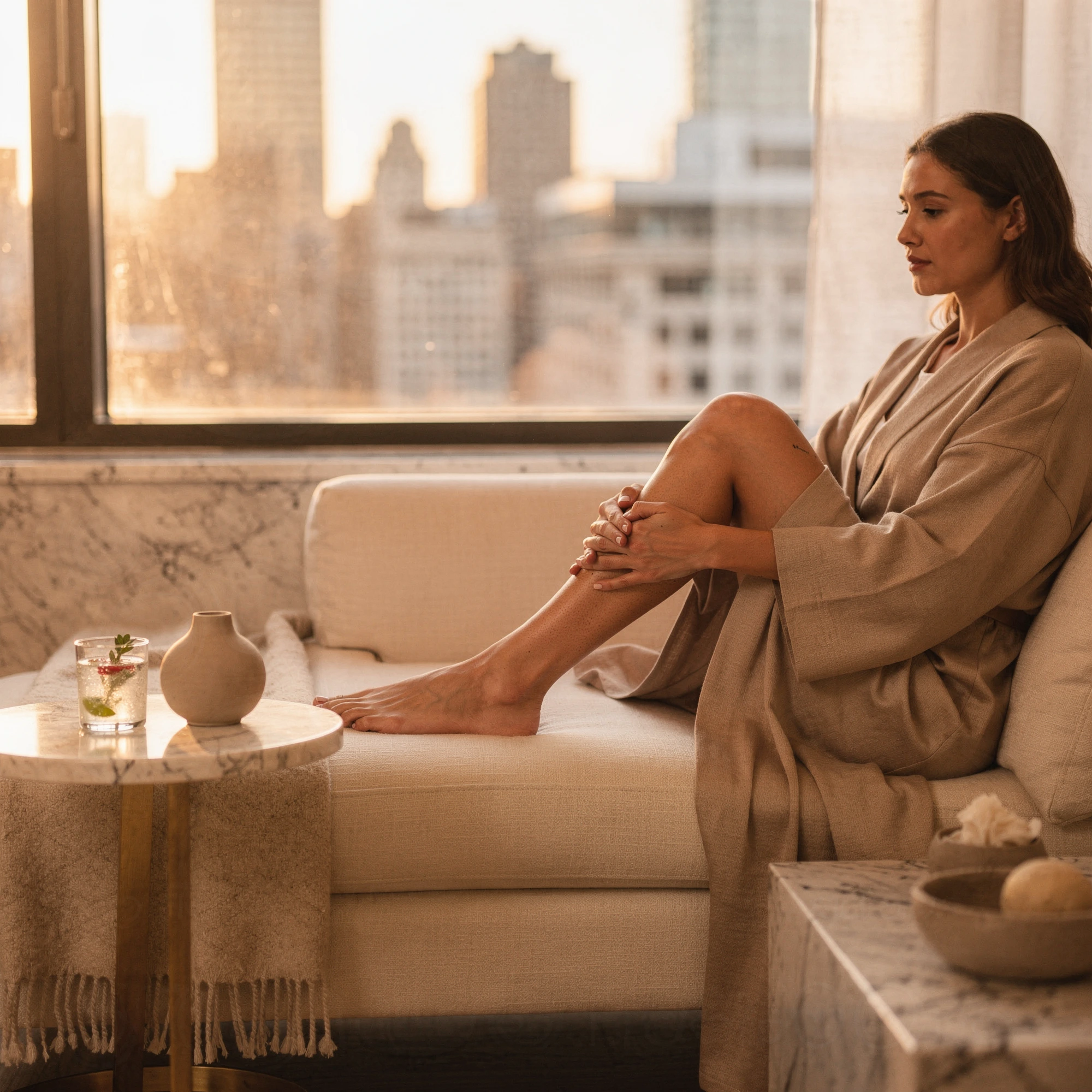 Woman sitting on a couch by a window overlooking New York City skyline, holding her knee